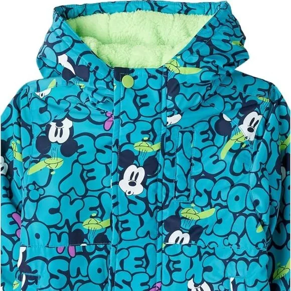 NEW Mickey Mouse Puffer Coat Sherpa Fleece Lining Small 6Y 7Y Blue Green Fun - Picture 2 of 3